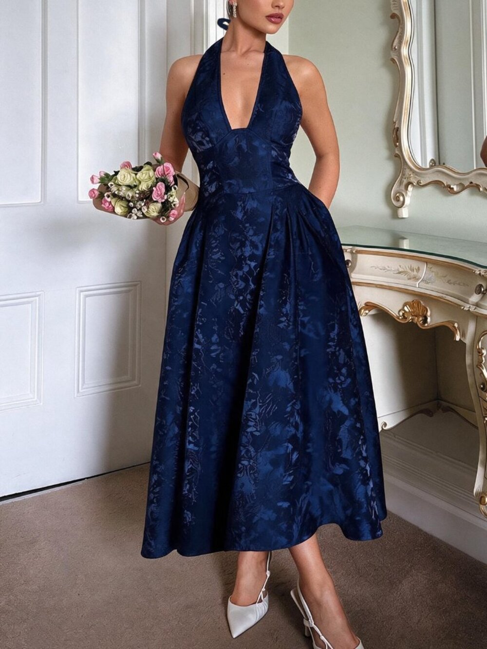 Navy Blue Elegant Women's 3d Embossed Floral V-Neck Sleeveless Flare Dress - Picture 4 of 5